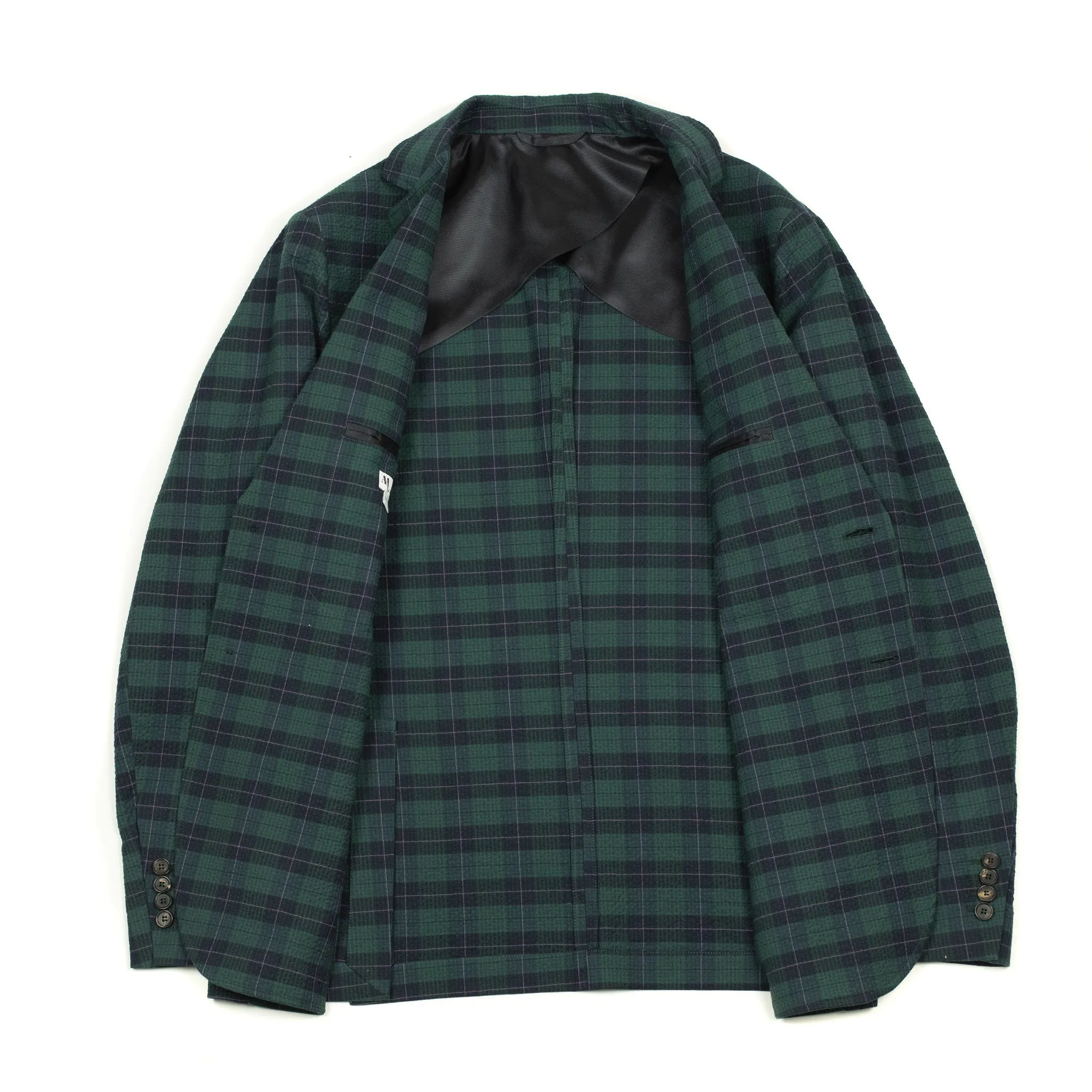 AAuro unstructured sport coat in green and blue plaid cotton seersucker