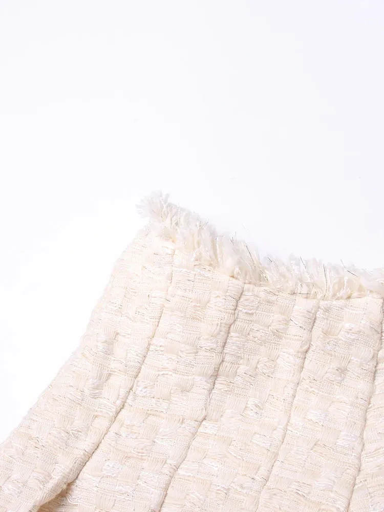 Beige Tweed Reverse Patchwork Pleated Mini Skirt