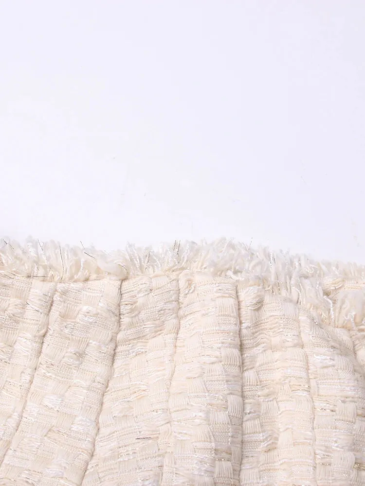 Beige Tweed Reverse Patchwork Pleated Mini Skirt