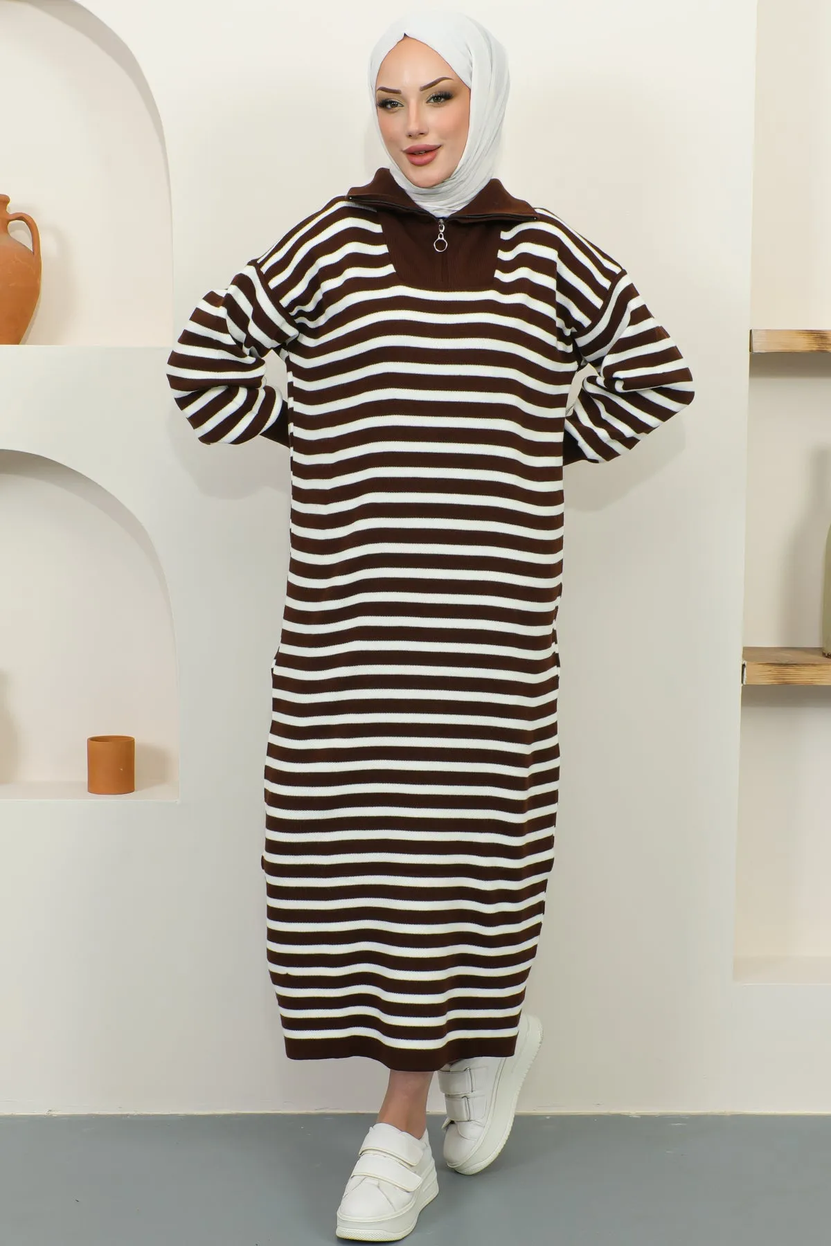 BNG Women Brown Striped Sweater Dress with Zipper Collar - Clermont