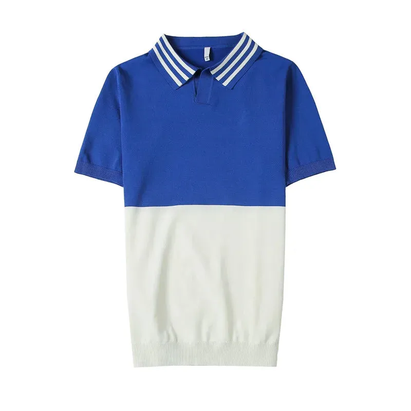 Bonsir Summer V-Neck Spliced Knitted Polo Shirts Men High Quality Short Sleeve Ice Silk Elasticity Casual Lapel Tee Tops 3XL-M