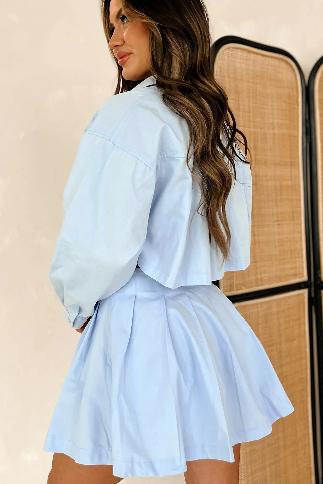 Chrishell Pleated Button-Down & Mini Skirt Set (Light Blue)