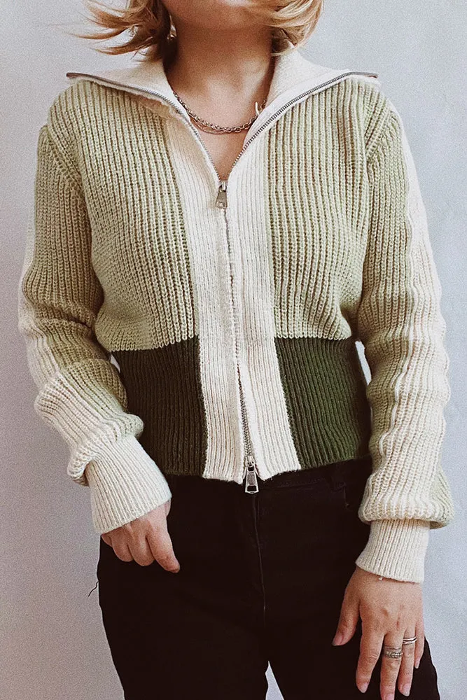 Colorblock Zipper Knitting Cardigan