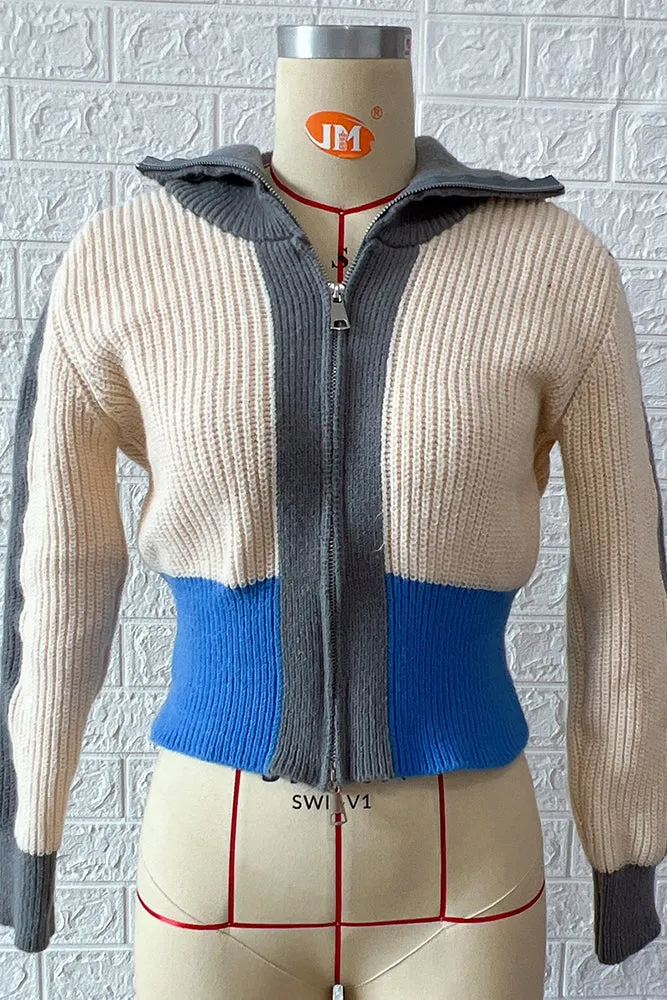 Colorblock Zipper Knitting Cardigan