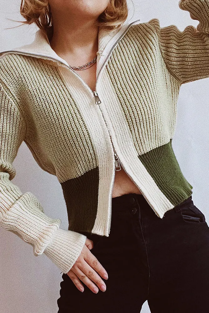 Colorblock Zipper Knitting Cardigan