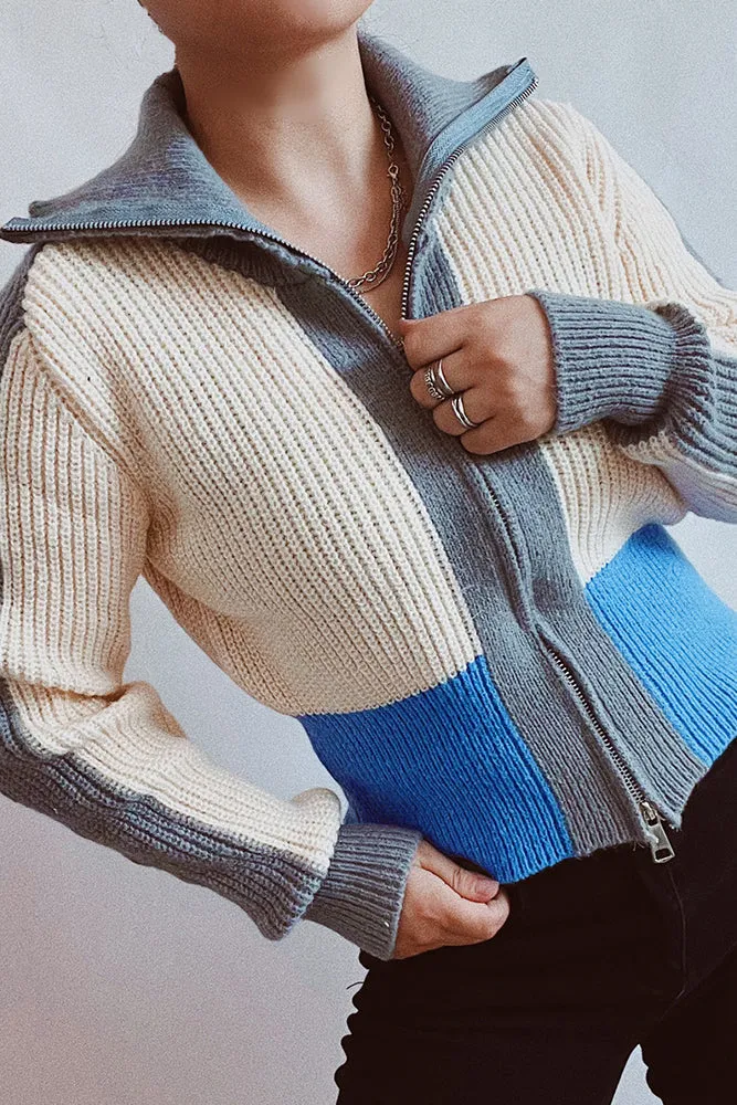 Colorblock Zipper Knitting Cardigan