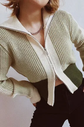 Colorblock Zipper Knitting Cardigan