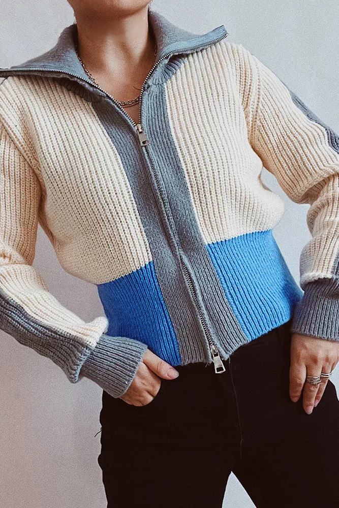 Colorblock Zipper Knitting Cardigan