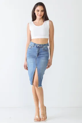 Denim & White Cotton Five Pocket Trim Hem Front Slit High Waist Midi Skirt /3-2-1