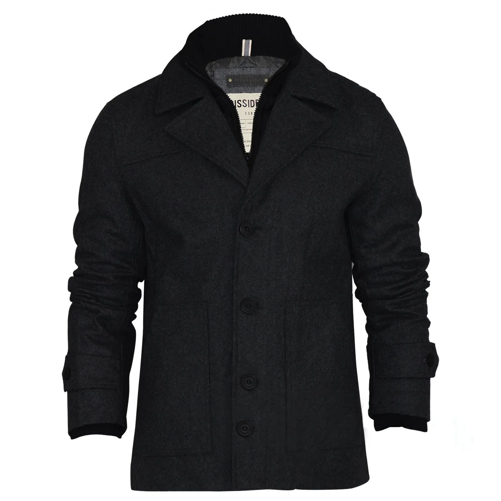 Dissident Men's Black Wool Mix Pea Coat