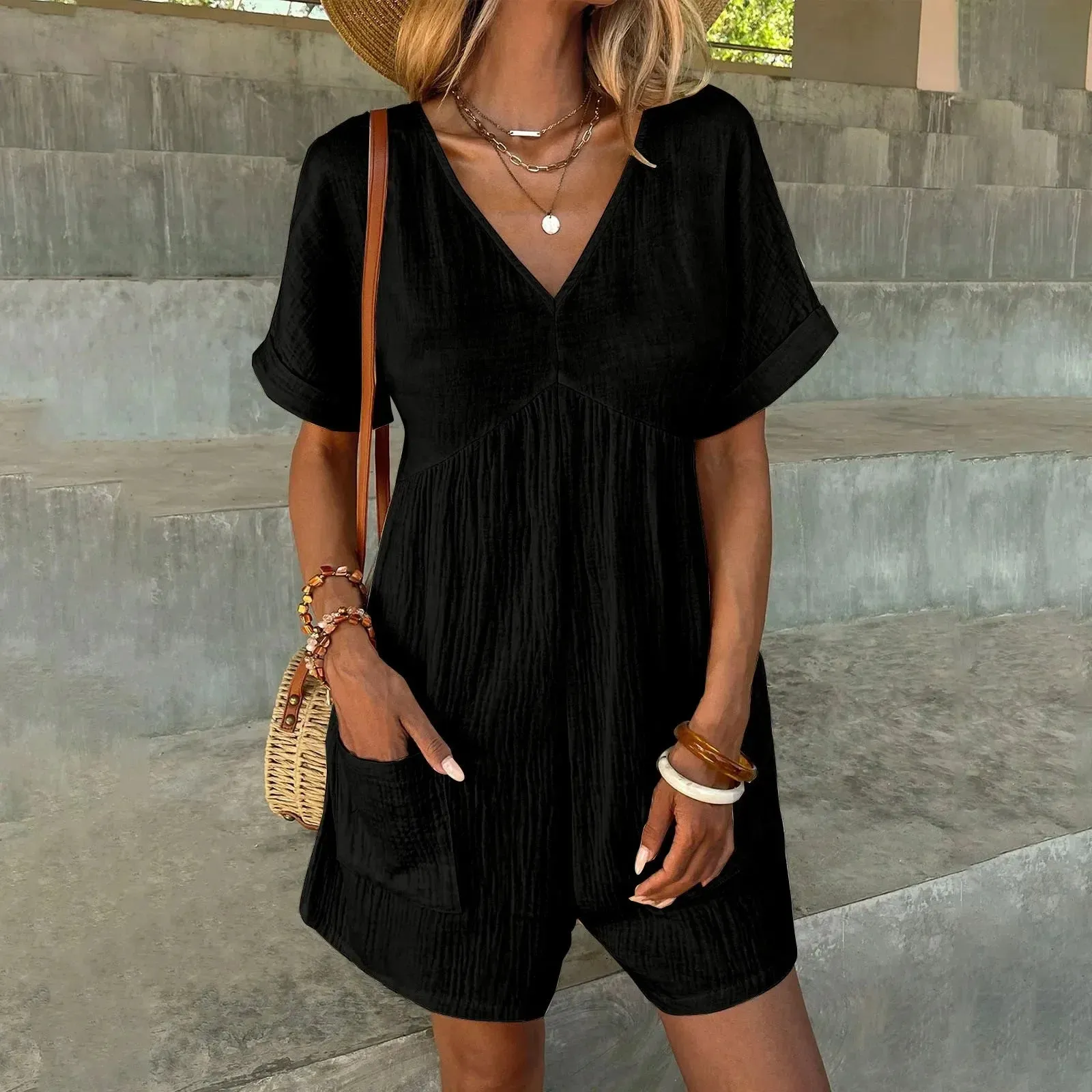 Emma Casual Romper | Stylischer moderner V-Ausschnitt-Kurzarm-Romper