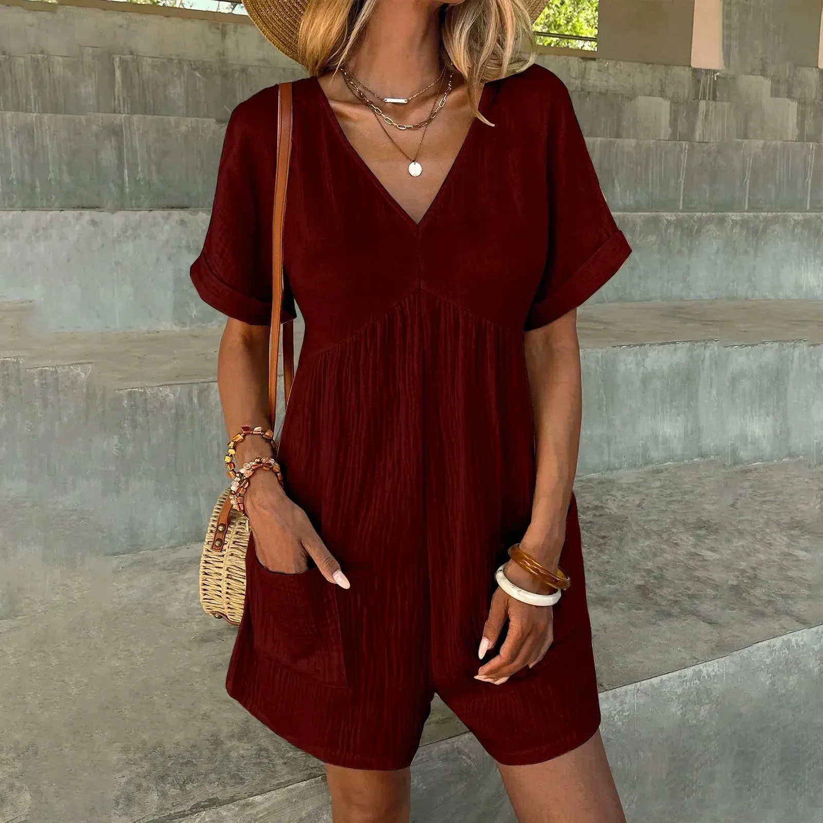 Emma Casual Romper | Stylischer moderner V-Ausschnitt-Kurzarm-Romper