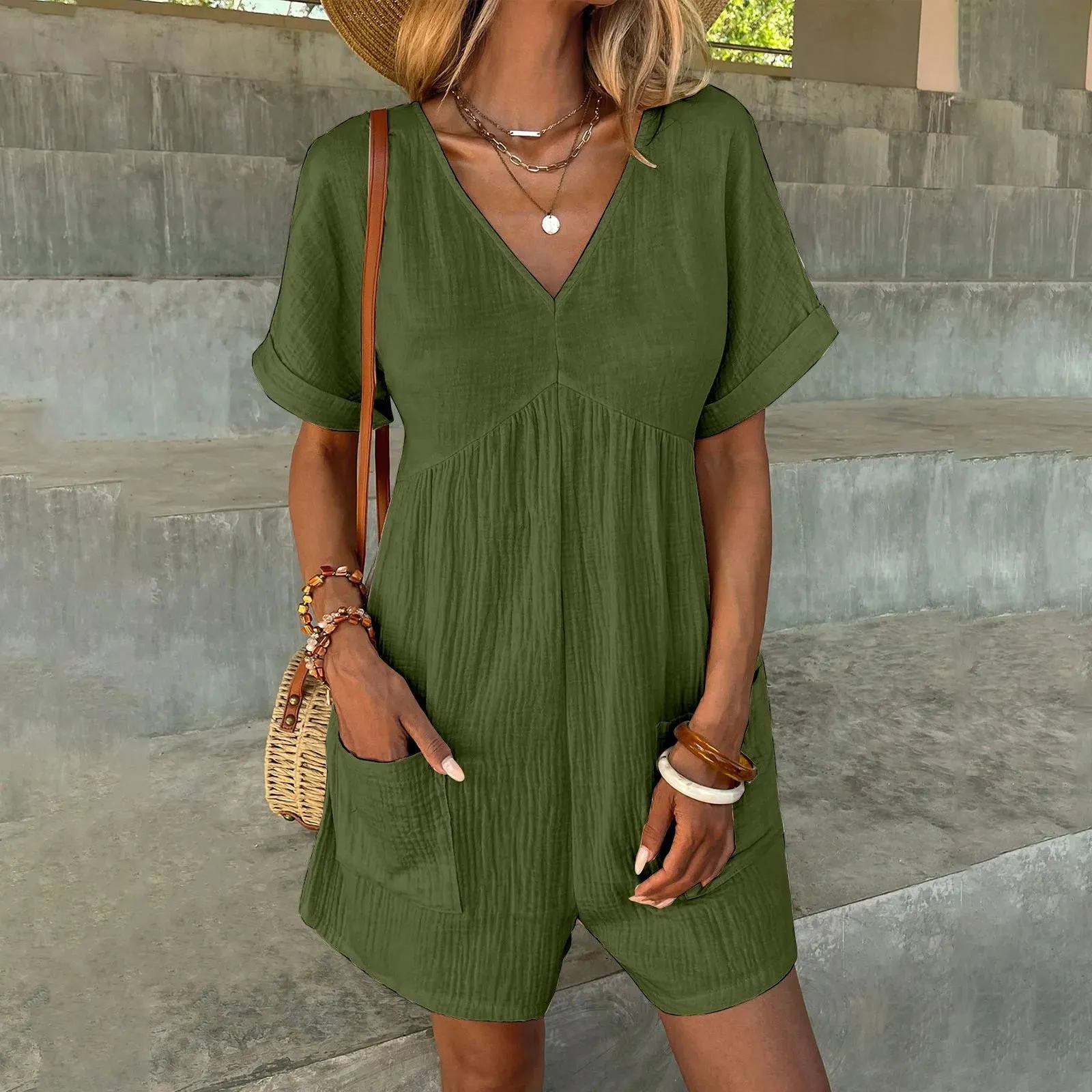 Emma Casual Romper | Stylischer moderner V-Ausschnitt-Kurzarm-Romper