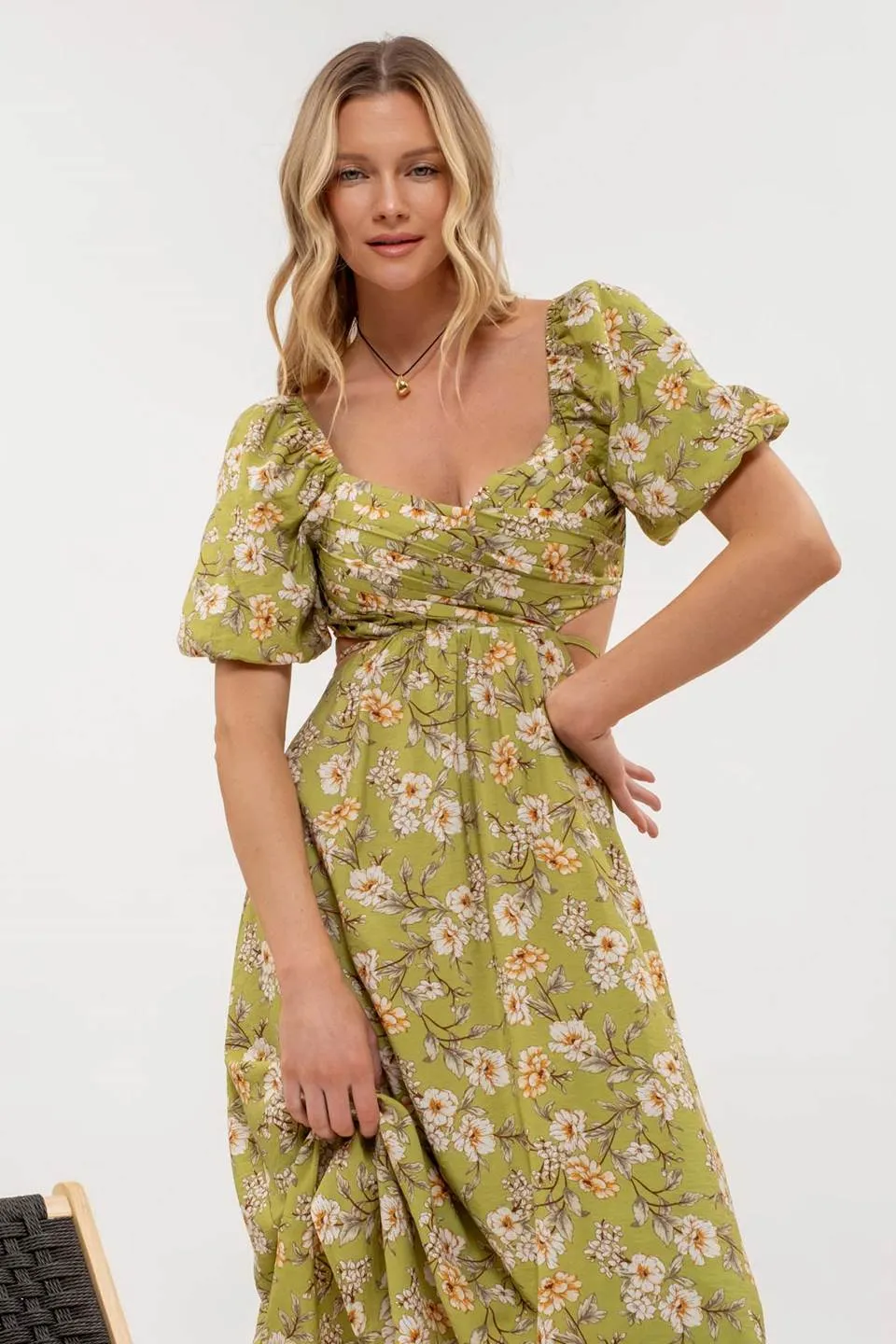 FLORAL PUFF SLEEVE CUT OUT MIDI DRESS