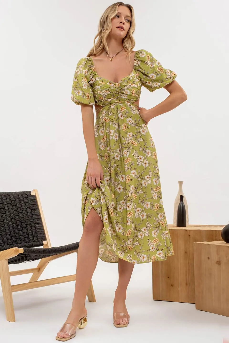 FLORAL PUFF SLEEVE CUT OUT MIDI DRESS