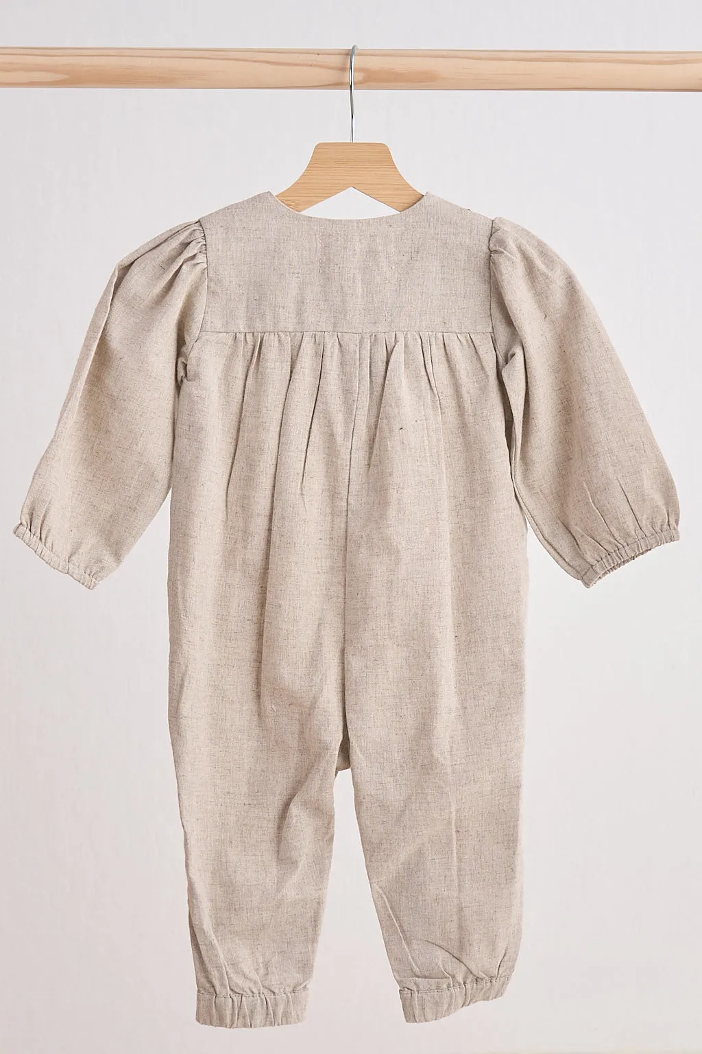 Grey Floral Embroidery Linen Girl Romper