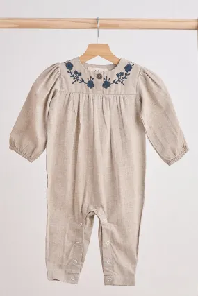 Grey Floral Embroidery Linen Girl Romper