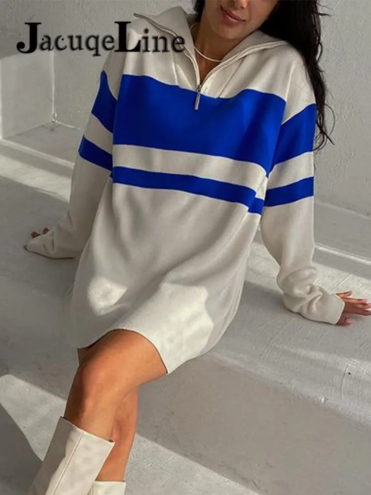 Joskaa hoco dresses Christmas Gift JacuqeLine 2024 Autumn Winter Zipper Y2K Knitted Women's Dress Sweater Oversize Long Sleeve Sexy Striped Top Mini Party Dresses