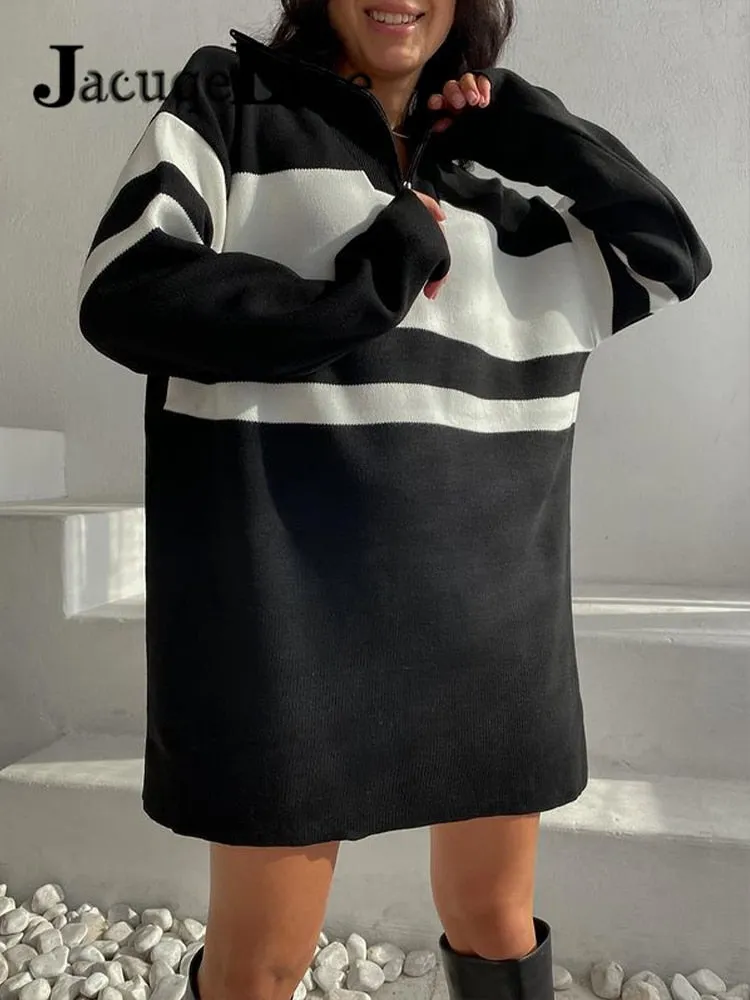 Joskaa hoco dresses Christmas Gift JacuqeLine 2024 Autumn Winter Zipper Y2K Knitted Women's Dress Sweater Oversize Long Sleeve Sexy Striped Top Mini Party Dresses
