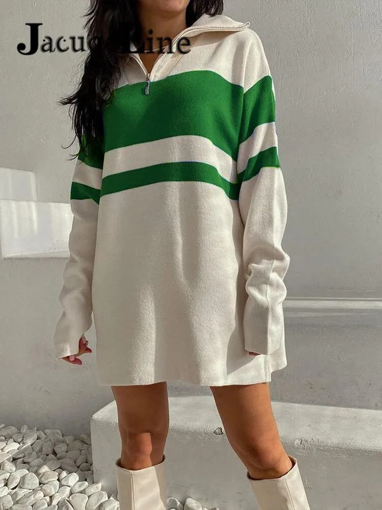 Joskaa hoco dresses Christmas Gift JacuqeLine 2024 Autumn Winter Zipper Y2K Knitted Women's Dress Sweater Oversize Long Sleeve Sexy Striped Top Mini Party Dresses
