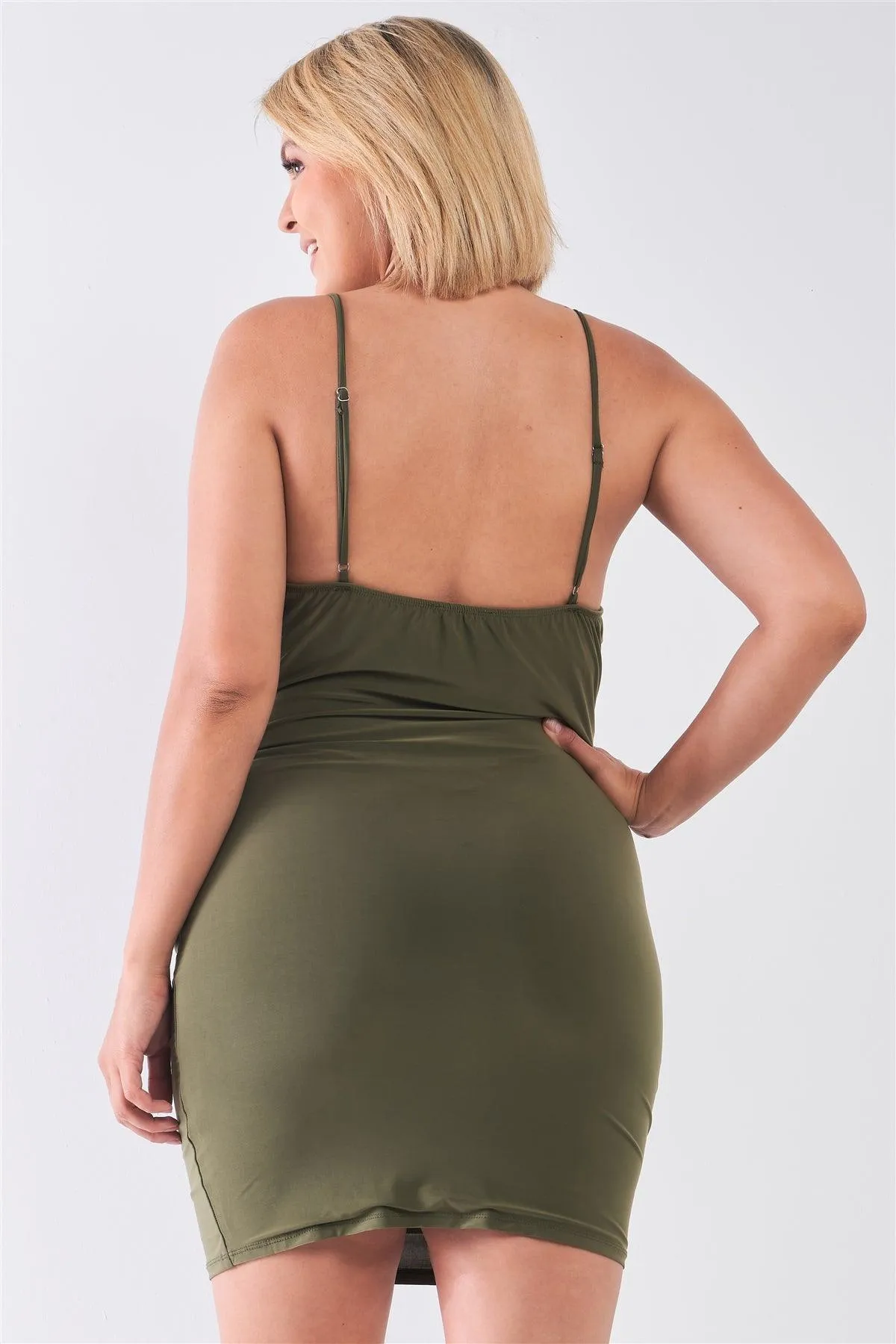 Junior Plus Size Olive Sleeveless Silky Cowl Neck Bodycon Cami Mini Dress