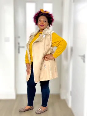 Leather Vest Coat With Fur Trim In Nude