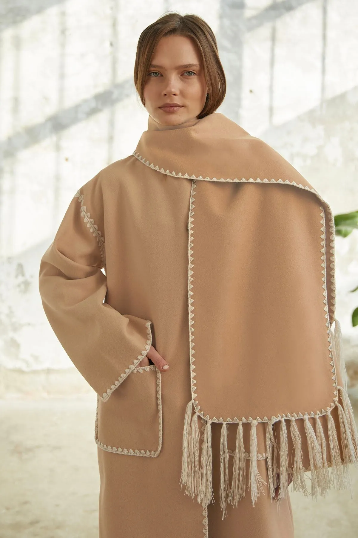 MDS Women Collared Pocketed Wool Blend Long Coat - Beige - Coral Gables