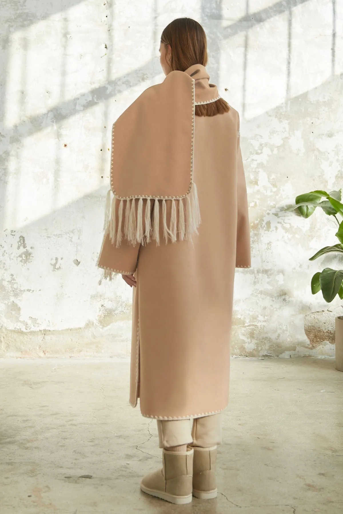 MDS Women Collared Pocketed Wool Blend Long Coat - Beige - Coral Gables
