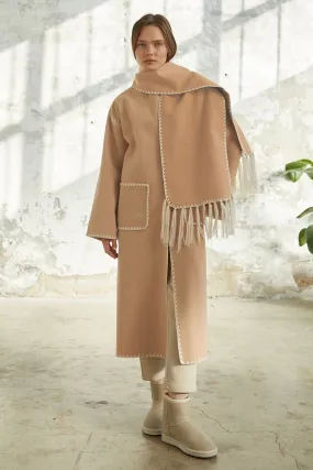 MDS Women Collared Pocketed Wool Blend Long Coat - Beige - Coral Gables