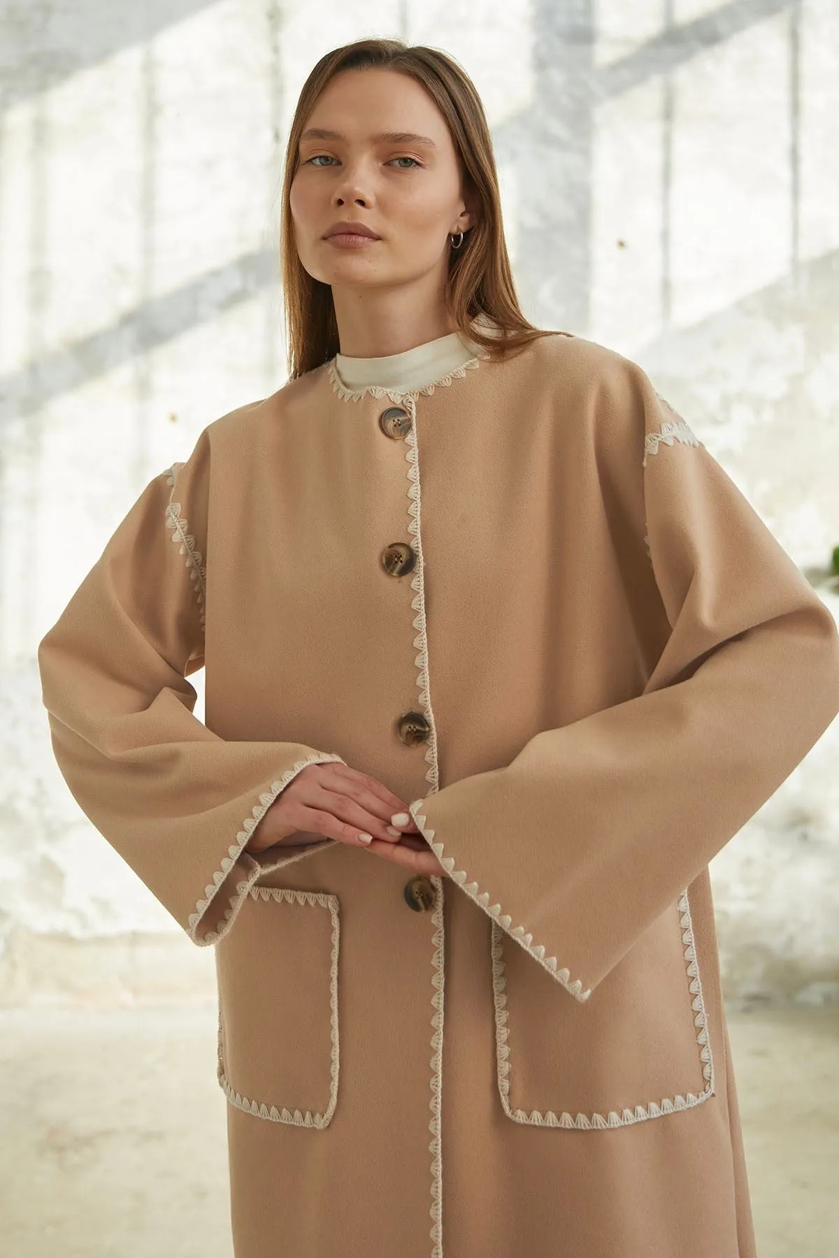 MDS Women Collared Pocketed Wool Blend Long Coat - Beige - Coral Gables