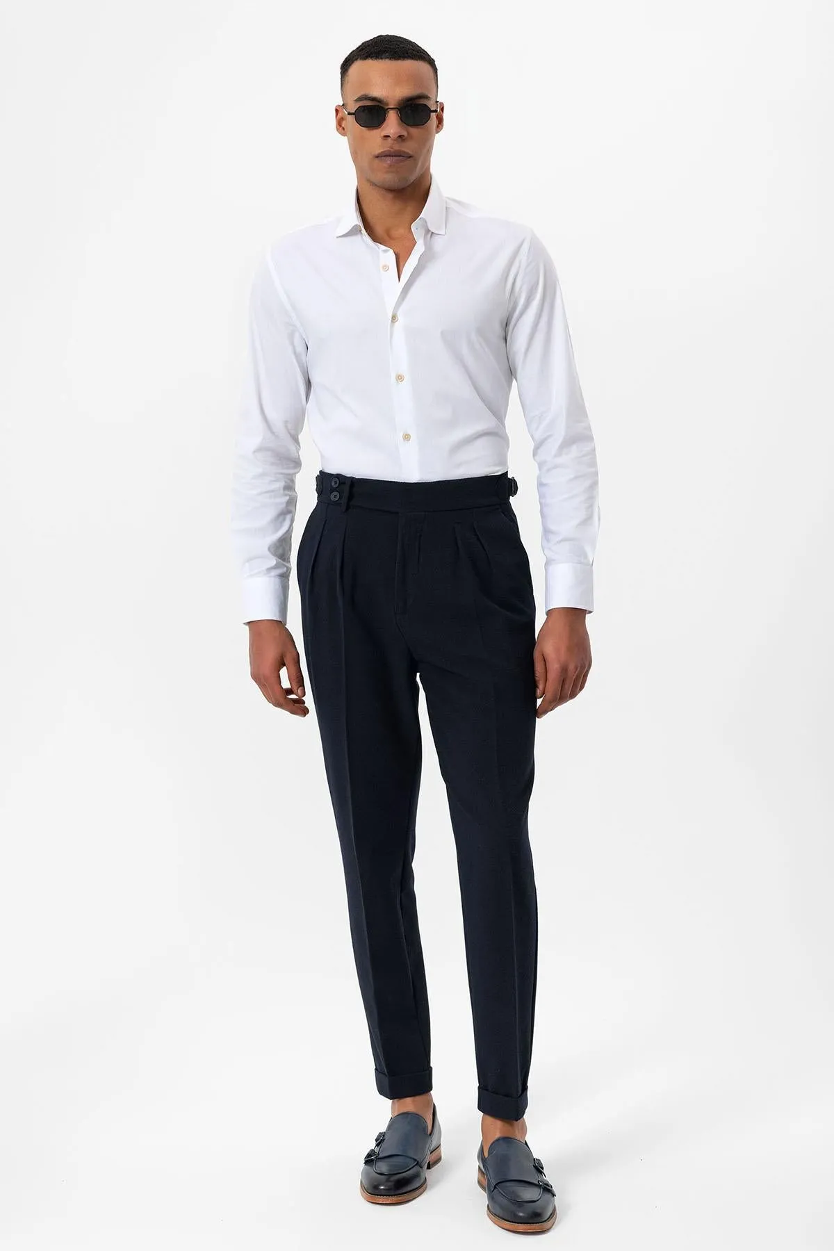 Men's Navy Blue High-Waist Pleated Textured Pants - Wessi