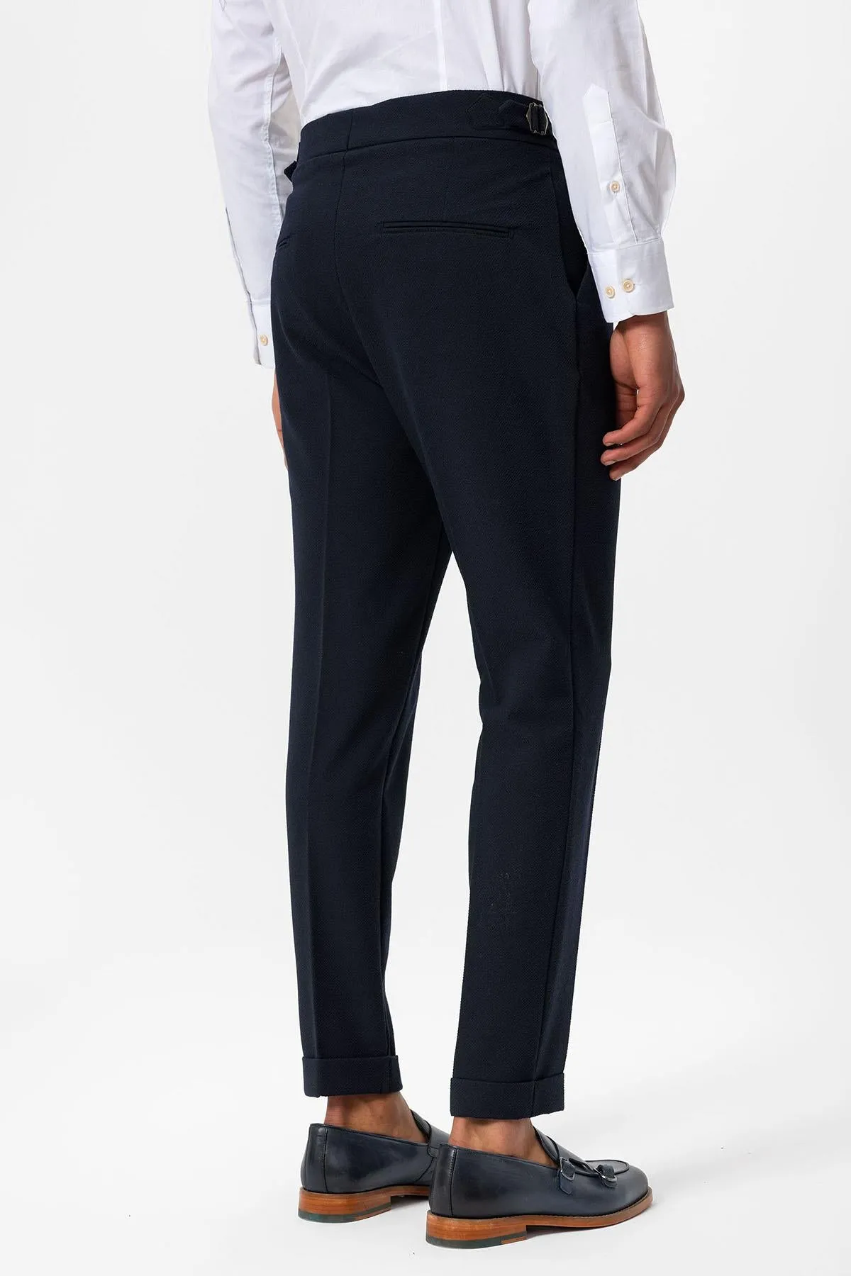 Men's Navy Blue High-Waist Pleated Textured Pants - Wessi