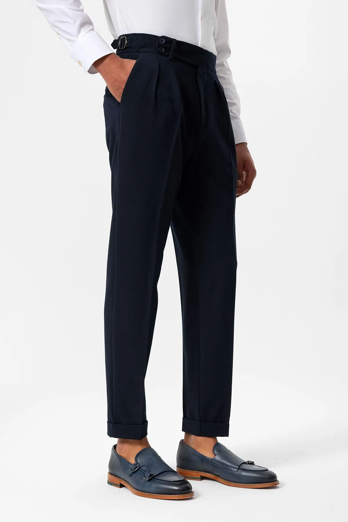 Men's Navy Blue High-Waist Pleated Textured Pants - Wessi