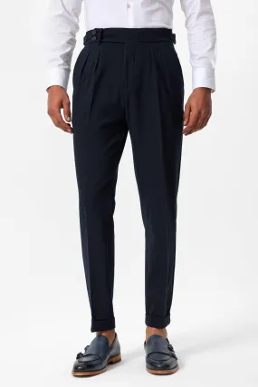 Men's Navy Blue High-Waist Pleated Textured Pants - Wessi