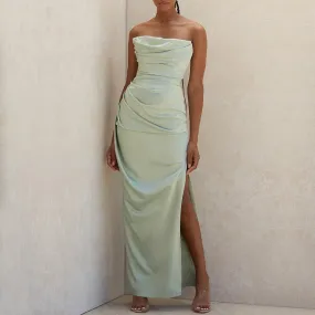 Michelle - Green Strapless Satin Maxi Dress