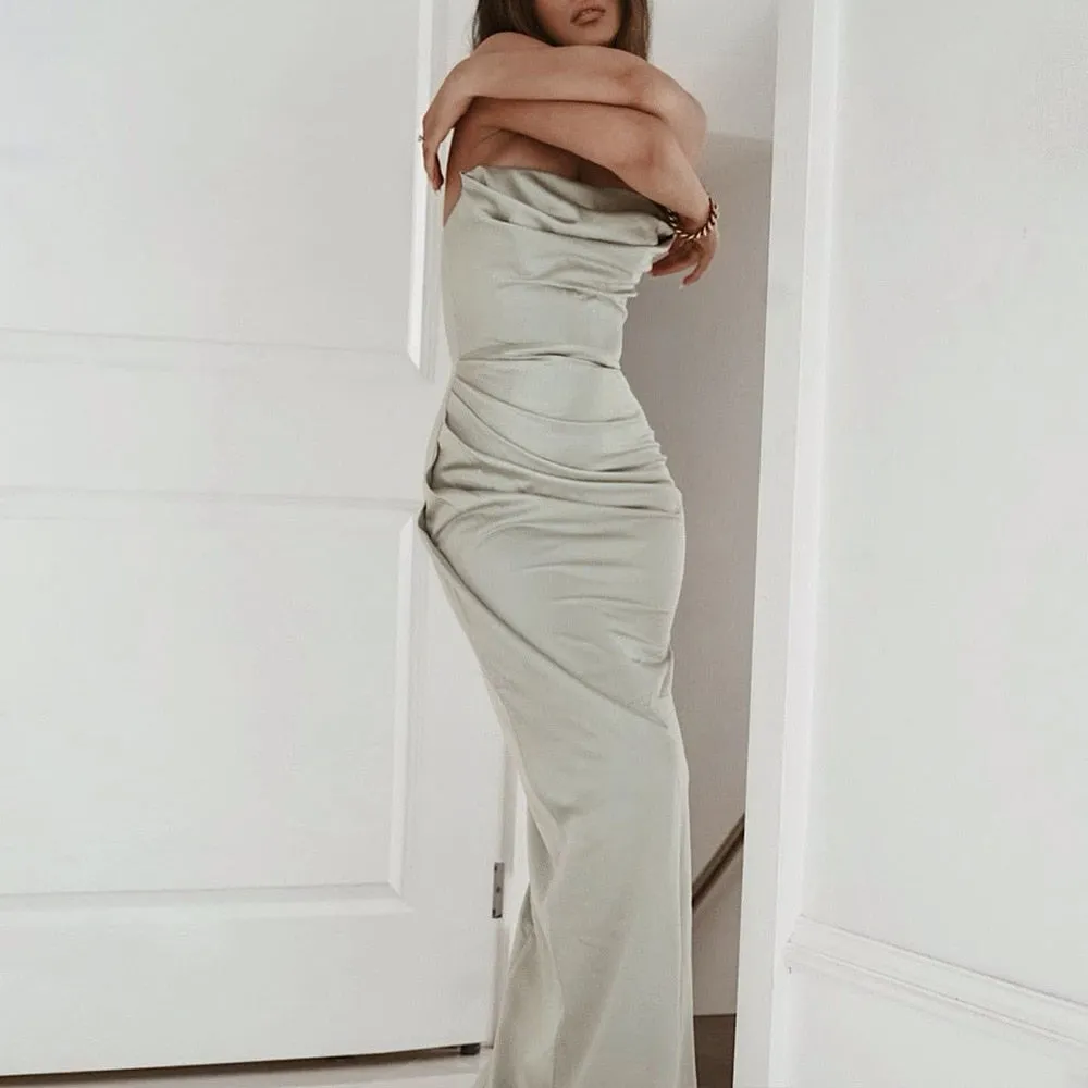 Michelle - Green Strapless Satin Maxi Dress