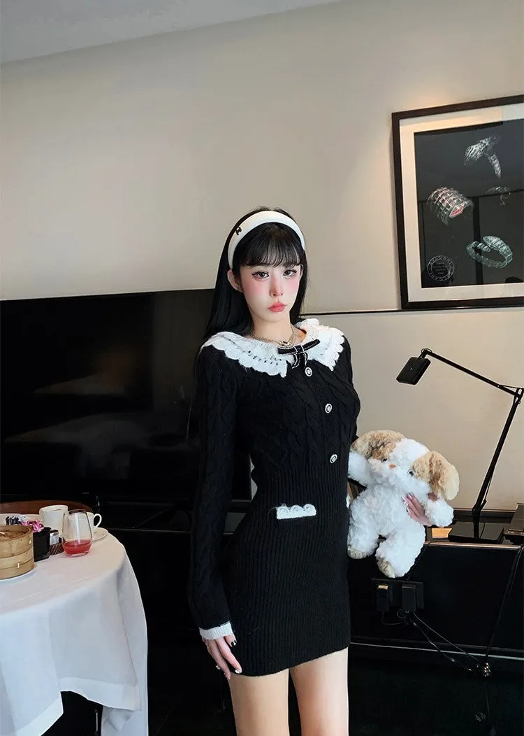 Monet Chic Fall Winter Bow White Lace Collar Knit Black Sweater Dress