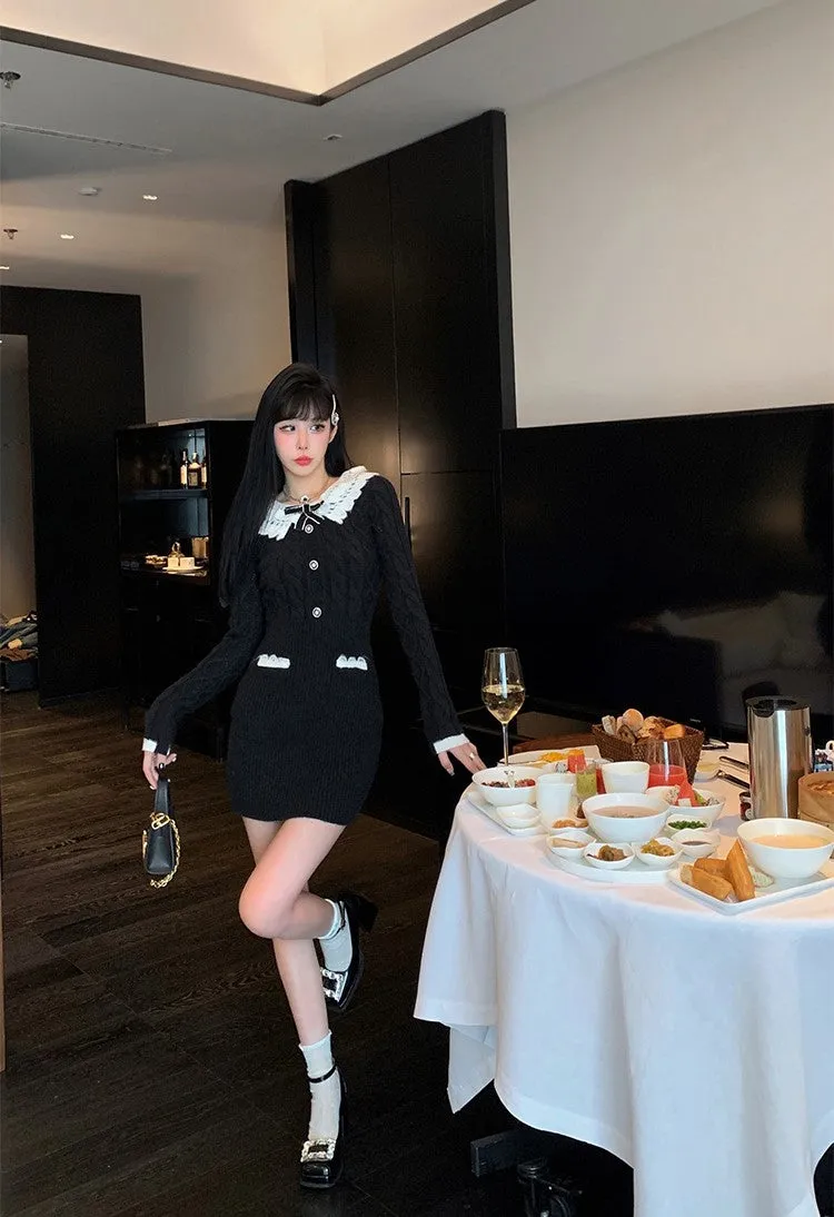 Monet Chic Fall Winter Bow White Lace Collar Knit Black Sweater Dress