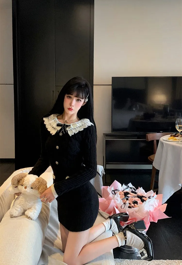 Monet Chic Fall Winter Bow White Lace Collar Knit Black Sweater Dress