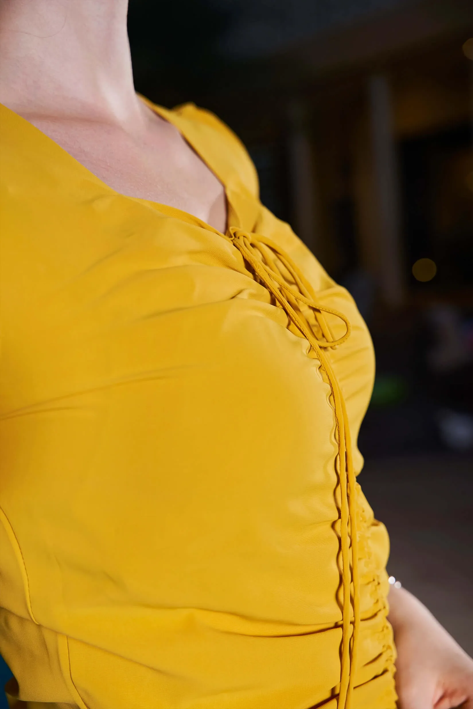 Mustard String Ruched Bodycon Midi Dress