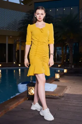 Mustard String Ruched Bodycon Midi Dress