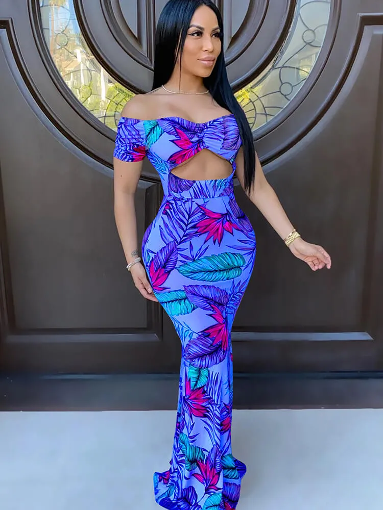 Off Shoulder Leaf Printed Maxi Dress