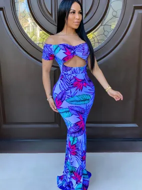 Off Shoulder Leaf Printed Maxi Dress