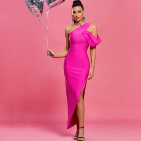 One Shoulder draped Detail Irregular Hem Maxi Bodycon Dress