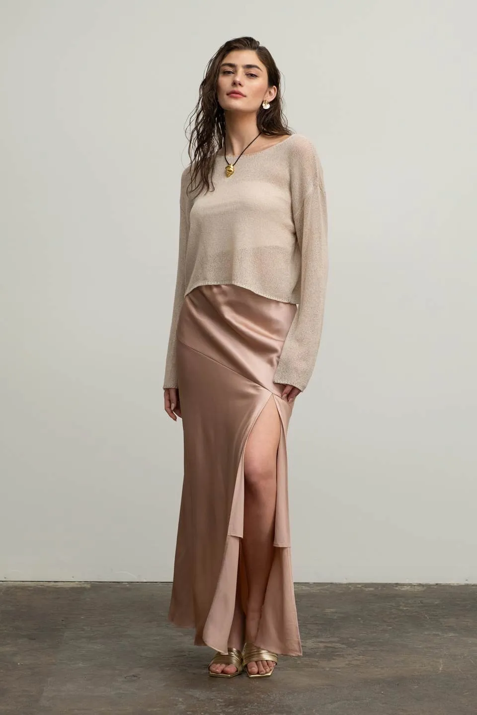 SATIN ASYMMETRICAL SIDE SLIT MIDI SKIRT