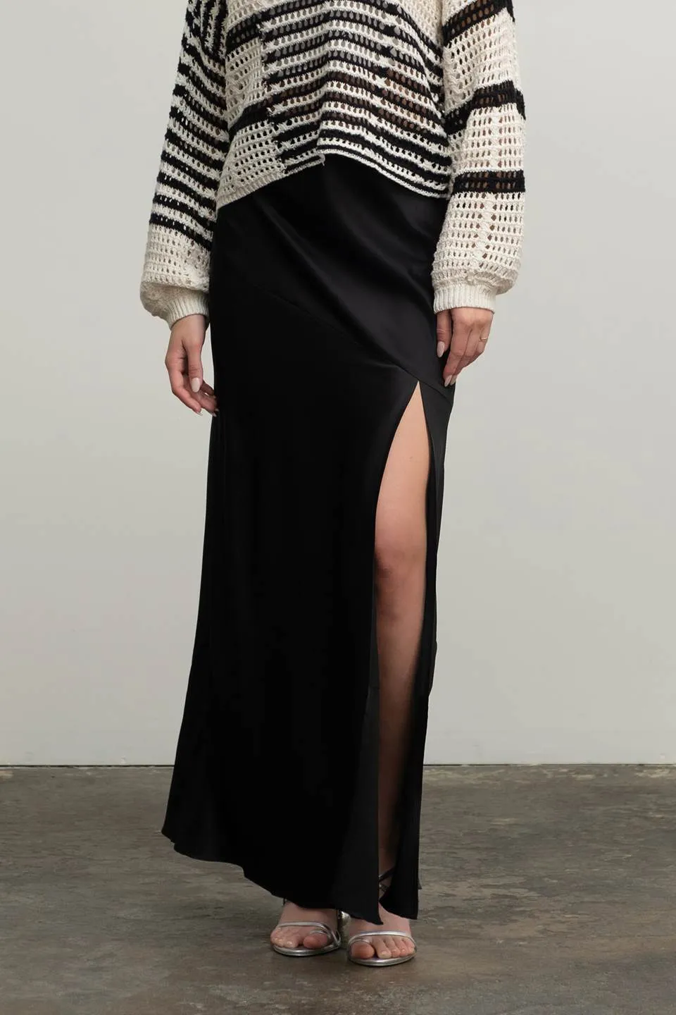 SATIN ASYMMETRICAL SIDE SLIT MIDI SKIRT
