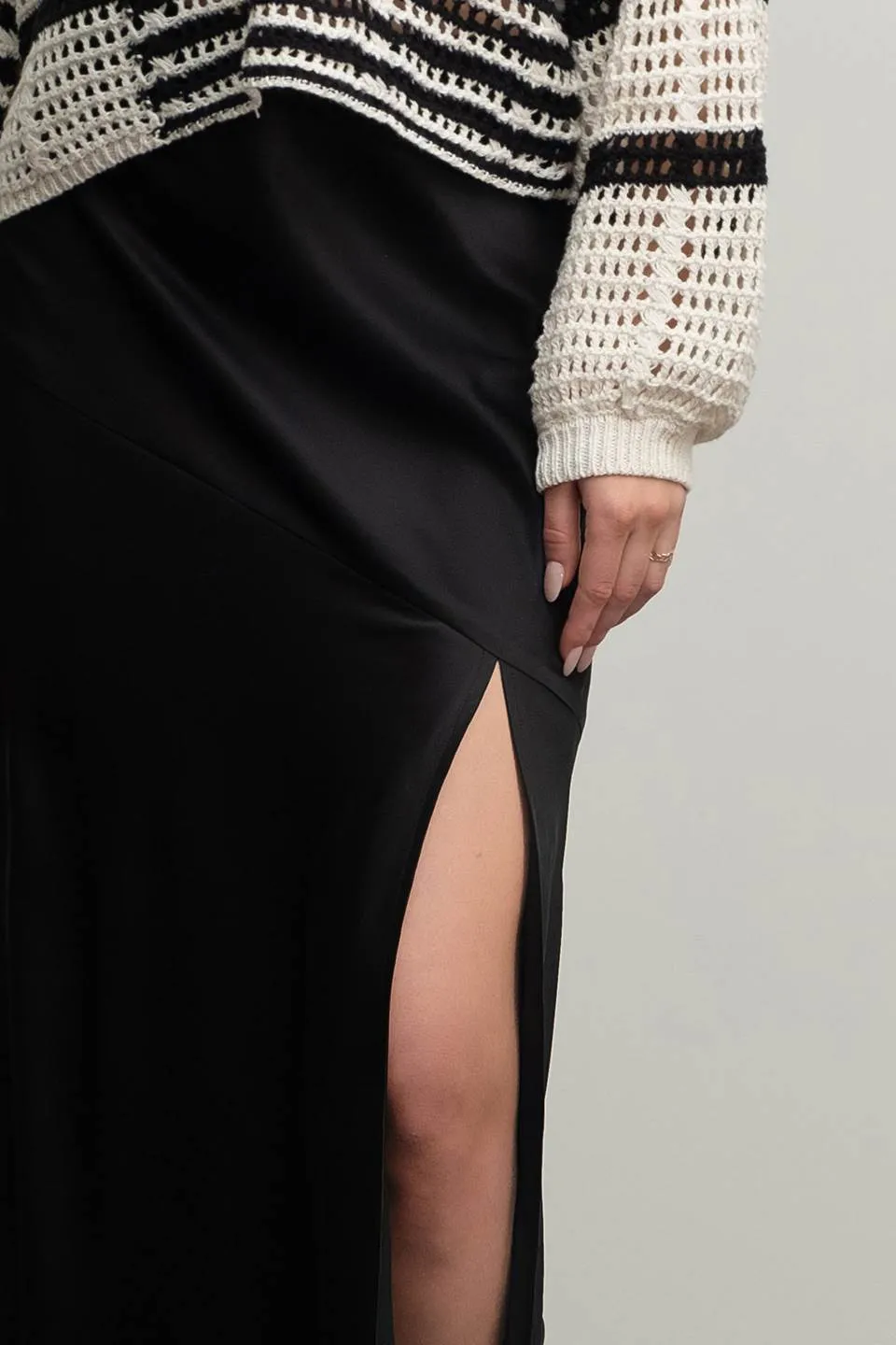 SATIN ASYMMETRICAL SIDE SLIT MIDI SKIRT