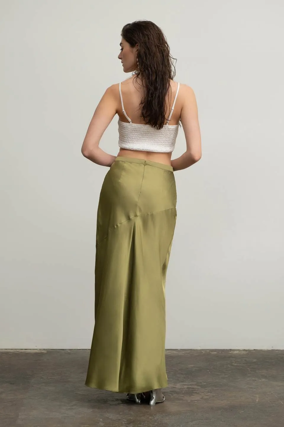 SATIN ASYMMETRICAL SIDE SLIT MIDI SKIRT