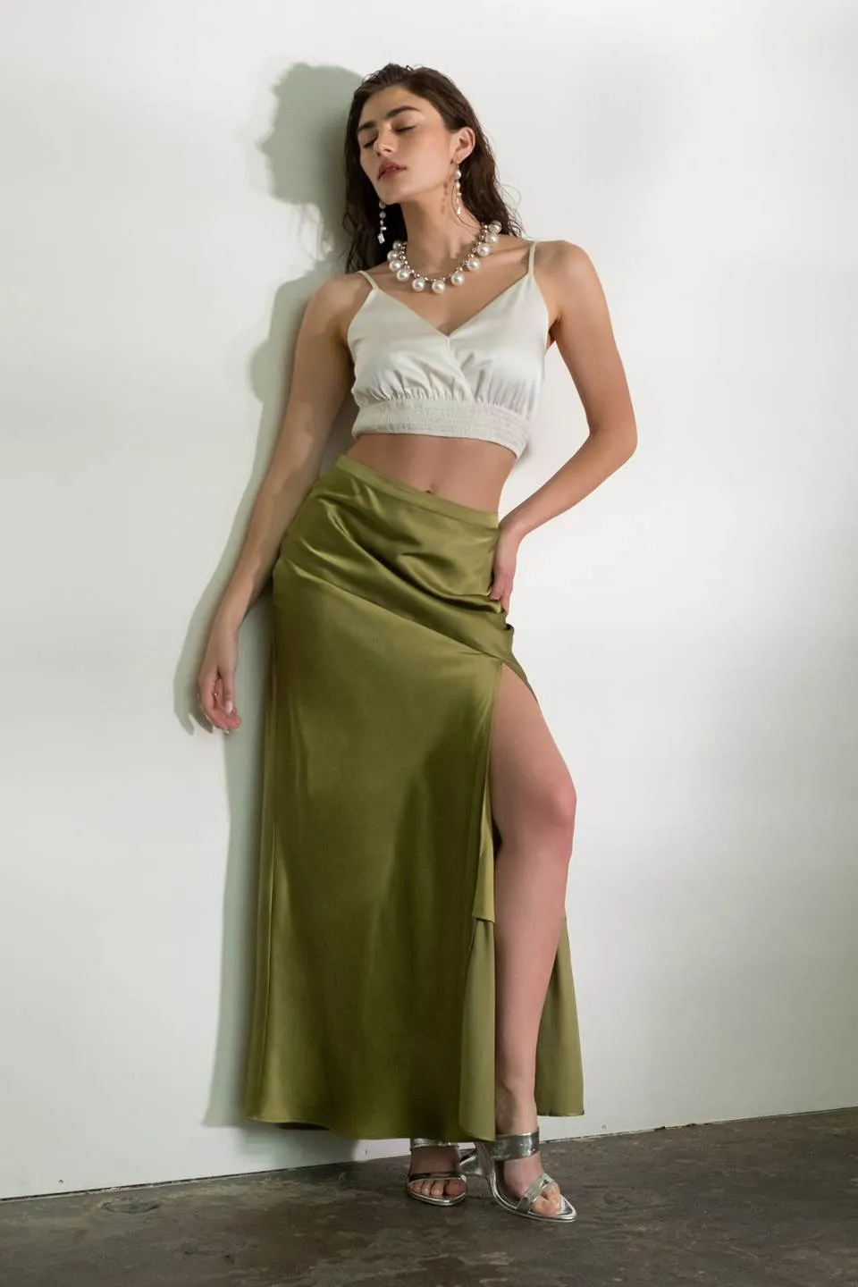 SATIN ASYMMETRICAL SIDE SLIT MIDI SKIRT