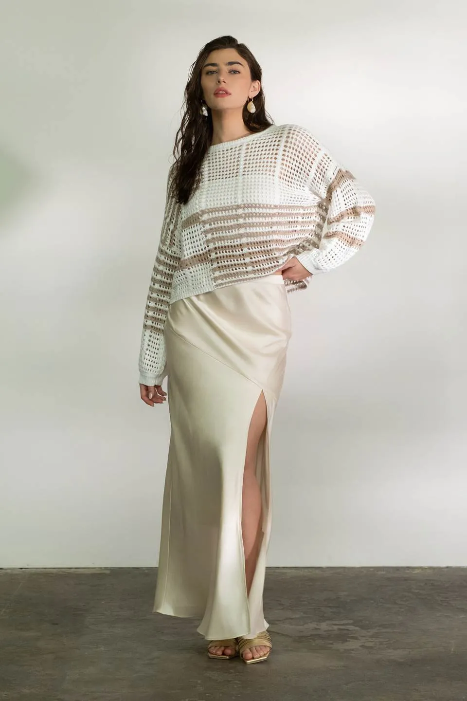 SATIN ASYMMETRICAL SIDE SLIT MIDI SKIRT
